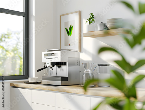 frame mockup on the white wall with high-quality coffee machine of modern kitchen interior