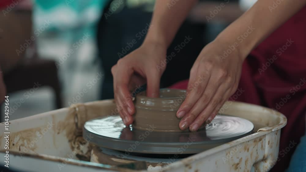Faceless craftsman sitting by pottery wheel placed in dirty container and modelling clay bowl while another human adding more water. Process of creating handmade item from natural material. Faceless craftsman sitting by pottery wheel placed in dirty container and modelling clay bowl while another human adding more water. Process of creating handmade item from natural material.
