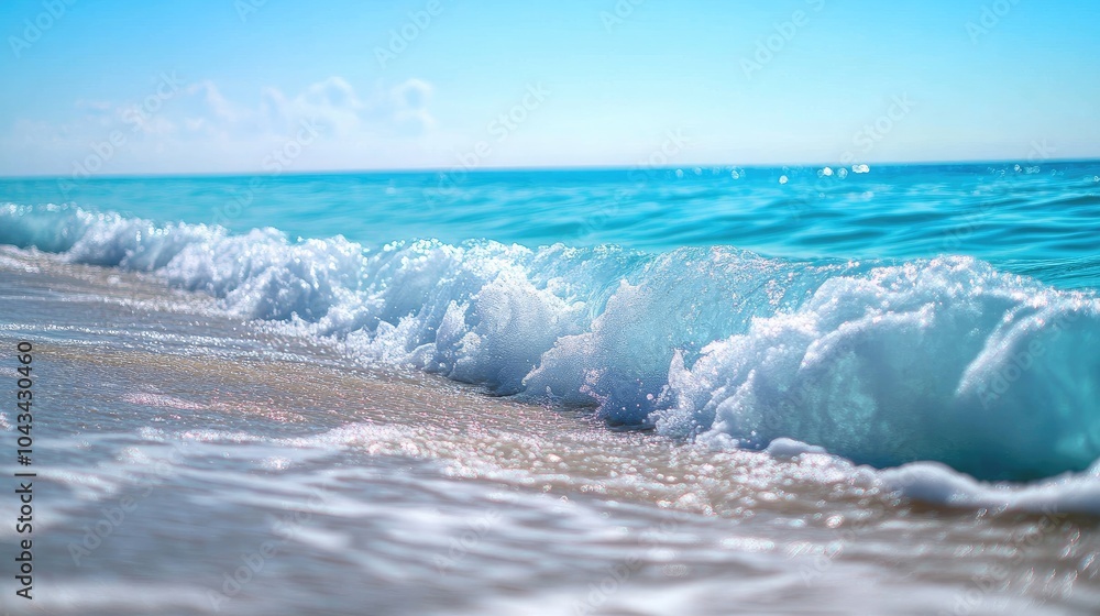 Obraz premium Light blue ocean waves with a clear horizon, representing calmness and natural beauty.