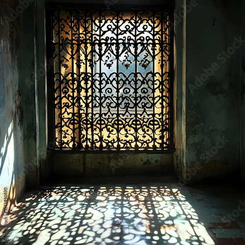 Intricate Shadows Cast by a Window with Iron Bars  Creating a Play of Light on the Ground