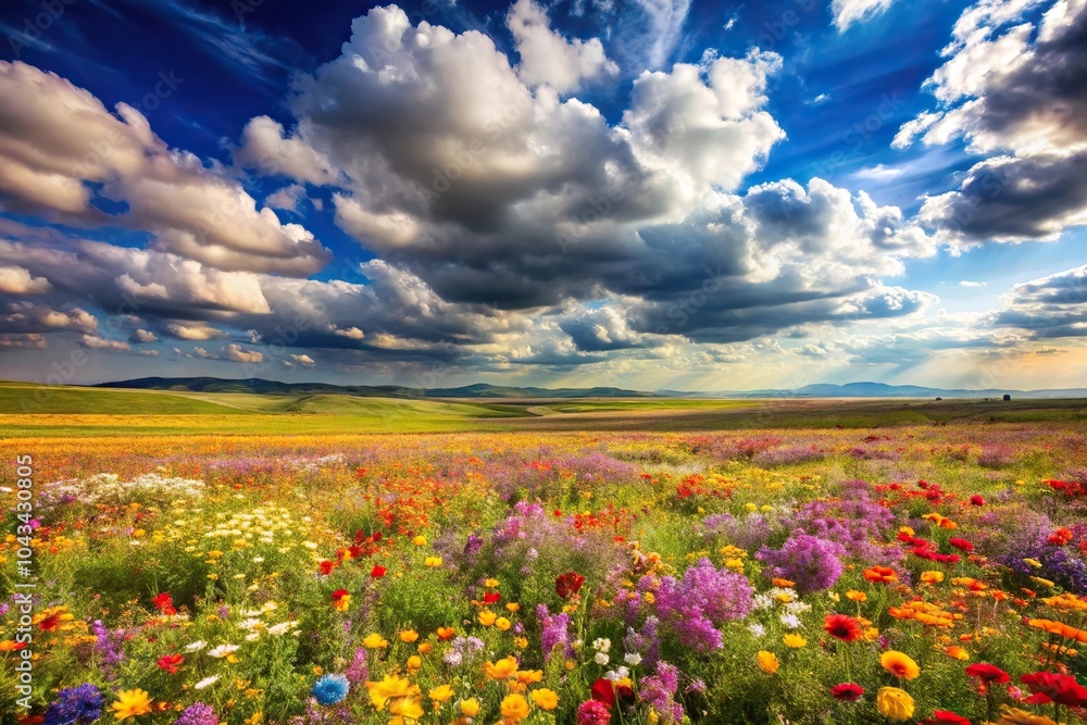 Fototapeta premium A sunny day in a vibrant flower field with fluffy clouds above