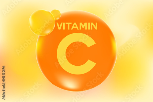 Vitamin C glowing 3D molecule element or bubble, watercolor gradient background. Rich fluid orange, lemon color flowing bubbles, supplement skin products banner, presentation, infographic design