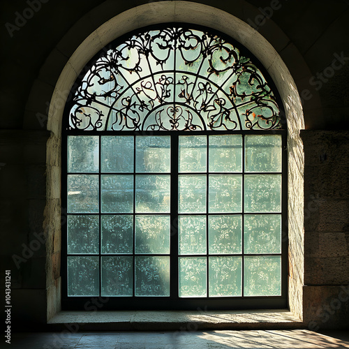 Arched Window Featuring Frosted Glass and Iron Bars in a Rustic Setting