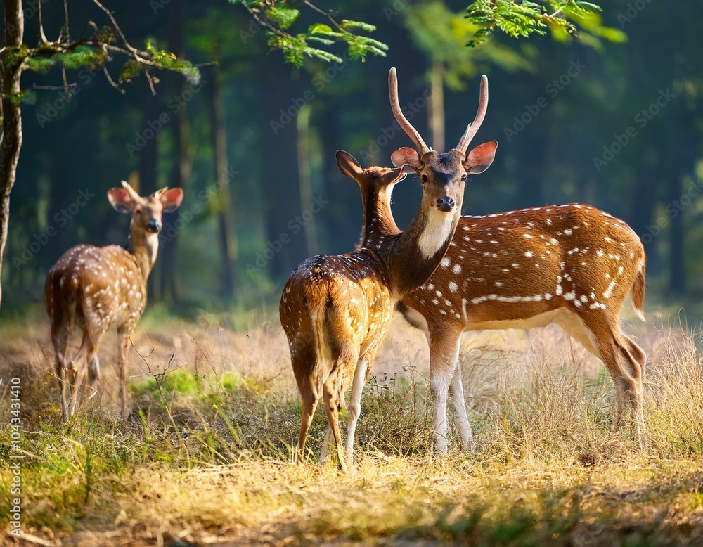 Obraz premium A spotted deer standing and looking attentively inside Nijhum Dwip