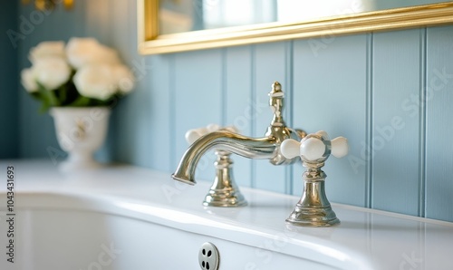 Elegant chrome faucet on white sink in bathroom.