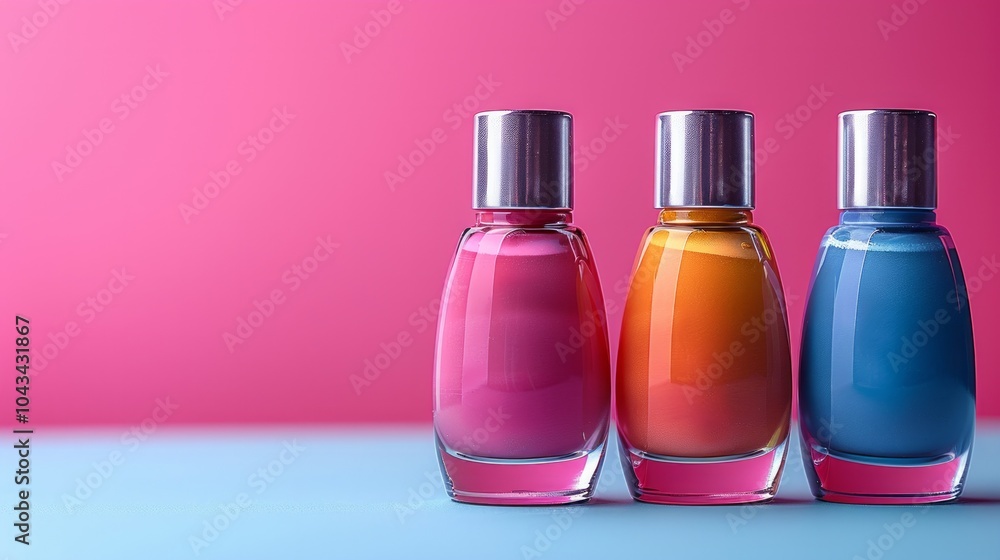 The image shows three bottles of nail polish arranged on a pastel-colored background. The image shows three bottles of nail polish arranged on a pastel-colored background.