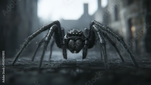 A large, black spider with hairy legs and a menacing expression stares directly at the camera. photo