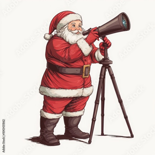 Jolly Santa Claus looking through a telescope, isolated on white background.