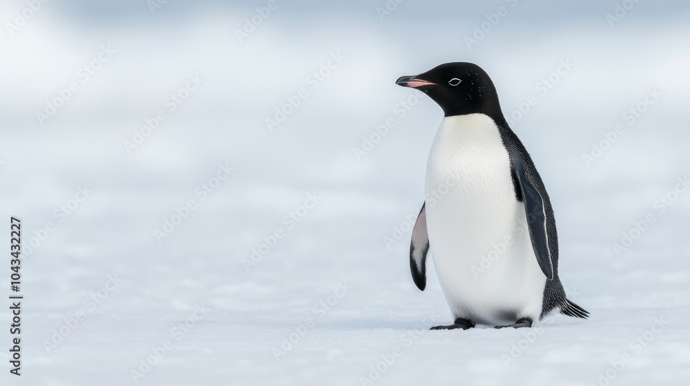 Naklejka premium A lone Adelie penguin stands on the snow-covered ice in Antarctica.