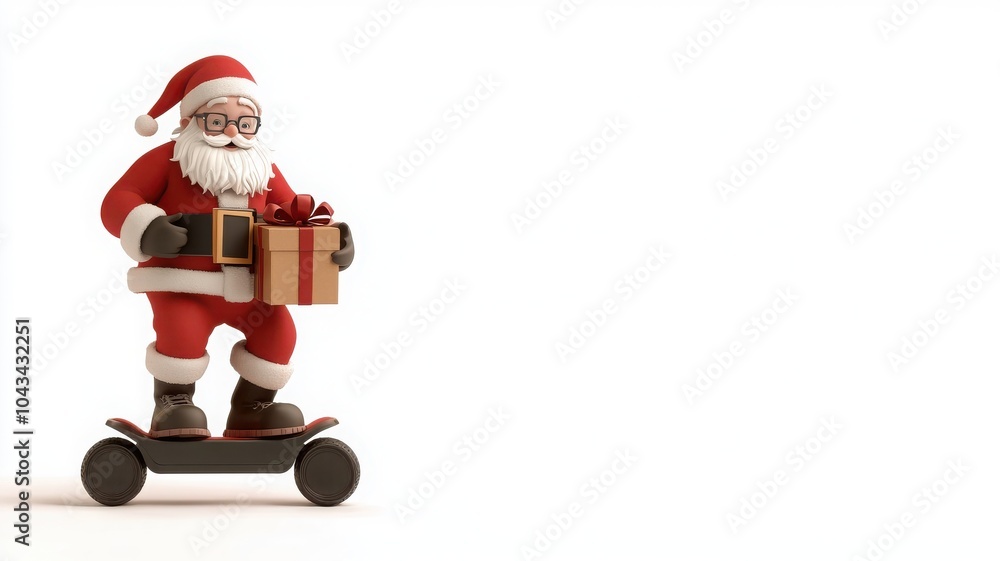 Obraz premium Santa Claus riding a scooter while holding gifts, white isolated background