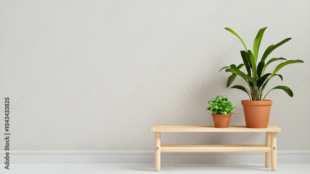minimalist interior scene featuring wooden bench with two potted plants, creating serene and inviting atmosphere. light colored wall enhances natural beauty of greenery minimalist interior scene featuring wooden bench with two potted plants, creating serene and inviting atmosphere. light colored wall enhances natural beauty of greenery