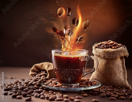 Taza de café con explosión den granos de Arábica tostados, fondo de bolsas de café photo