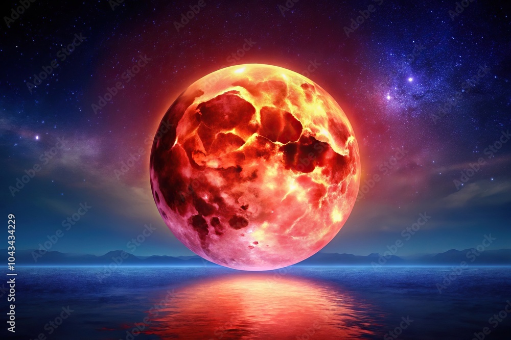 A full red moon glowing brightly against a backdrop of deep blues and purples hues of the night sky, celestial, astronomy, galaxies A full red moon glowing brightly against a backdrop of deep blues and purples hues of the night sky, celestial, astronomy, galaxies
