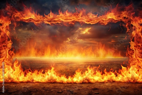 A fiery inferno engulfing a deserted landscape with trees and mountains in the background, trees, landscape, smoke