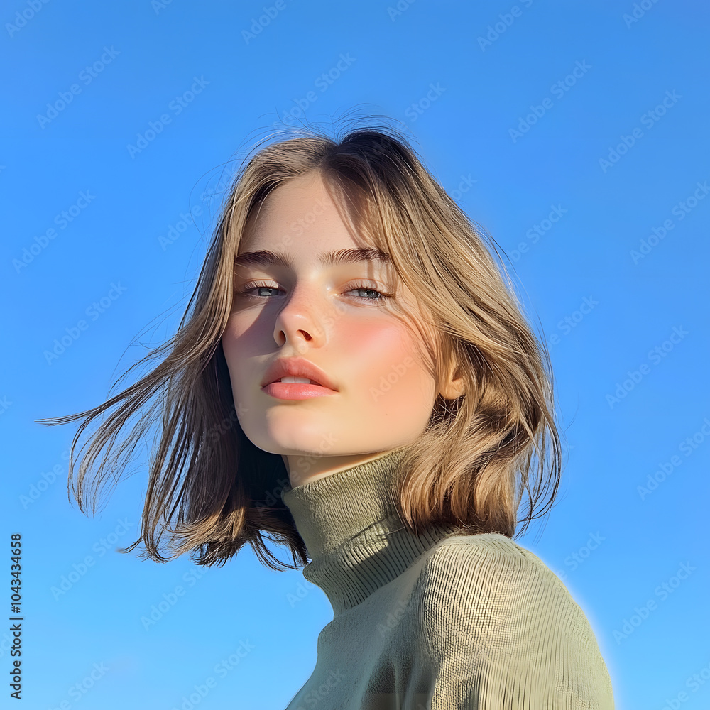 A young woman with shoulder-length light brown hair stands against a ...