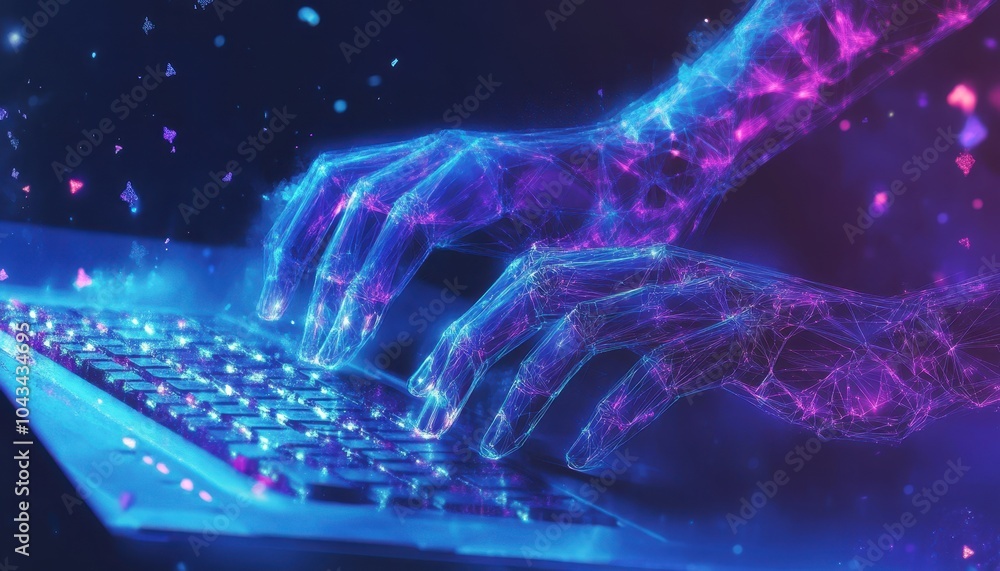 Abstract Wireframe Hands Typing on a Laptop Keyboard Abstract Wireframe Hands Typing on a Laptop Keyboard