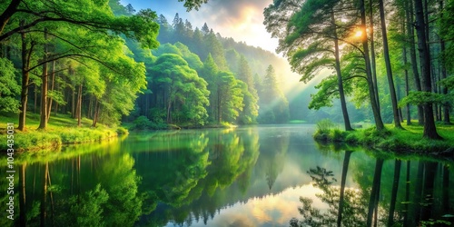 Wallpaper Mural A dense forest with towering trees and lush greenery stands near a tranquil lake at dawn, forest, calm surroundings, morning light Torontodigital.ca