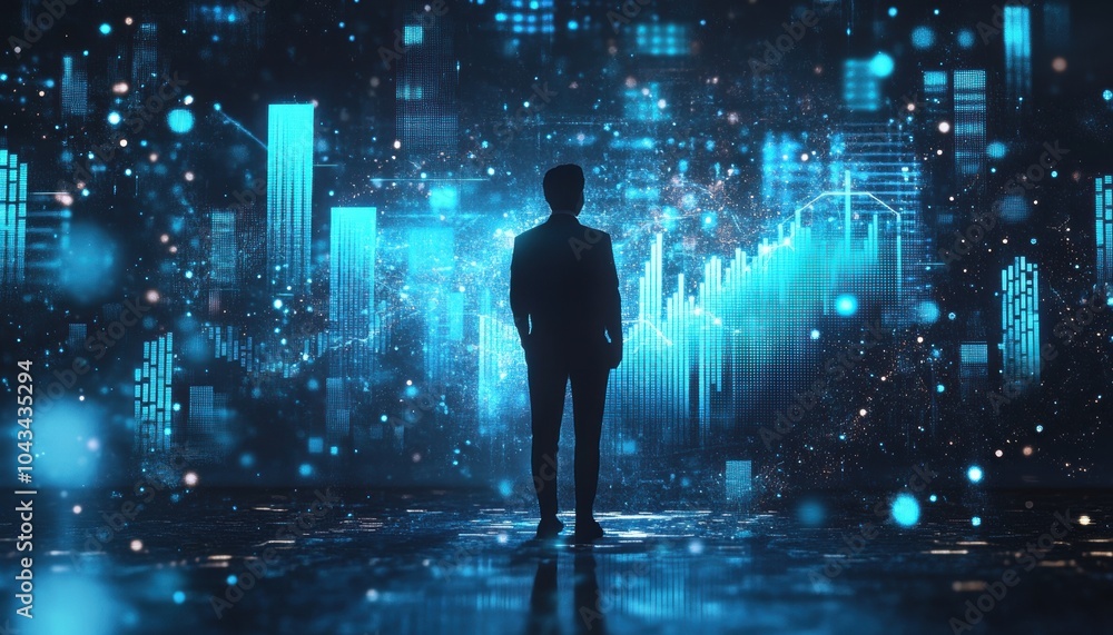 A Silhouetted Figure Contemplating a Digital Cityscape and Ascending Data Graph A Silhouetted Figure Contemplating a Digital Cityscape and Ascending Data Graph