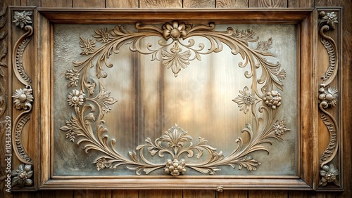 A delicate floral motif is etched into the glass of an antique-style window frame, surrounded by ornate carvings., glass, botanical