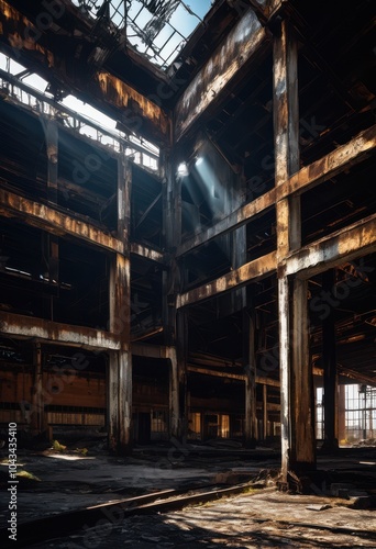 exploring shimmering abandoned metal surfaces illustrated dynamic natural light effects industrial aesthetics, abandonment, architecture, background, beams