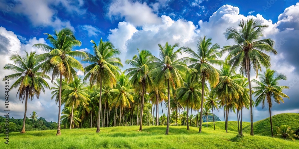 A cluster of young coconut palms grow together in a grove on a lush green hillside with a bright blue sky and fluffy white clouds, tree growth, serene environments, outdoor landscapes A cluster of young coconut palms grow together in a grove on a lush green hillside with a bright blue sky and fluffy white clouds, tree growth, serene environments, outdoor landscapes