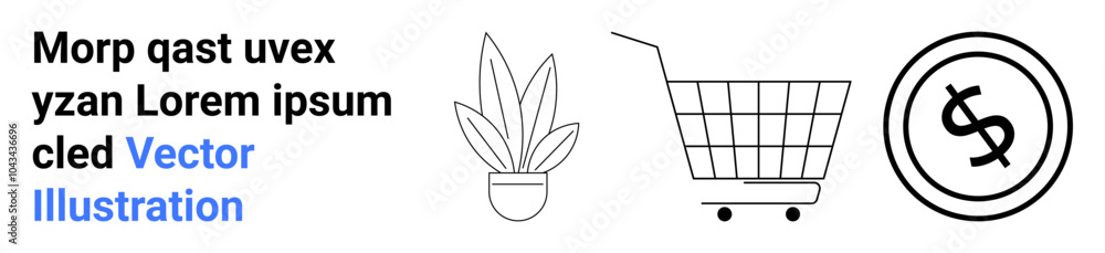 Shopping cart, plant, and currency symbol icons alongside placeholder text in black and blue. Ideal for e-commerce, retail, online shopping, finance and marketing. Banner for landing page Shopping cart, plant, and currency symbol icons alongside placeholder text in black and blue. Ideal for e-commerce, retail, online shopping, finance and marketing. Banner for landing page