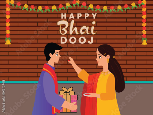 Indian Sister Applying Tilak on Her Brother's Forehead During Happy Bhai Dooj Festival, Used for Greeting Card.