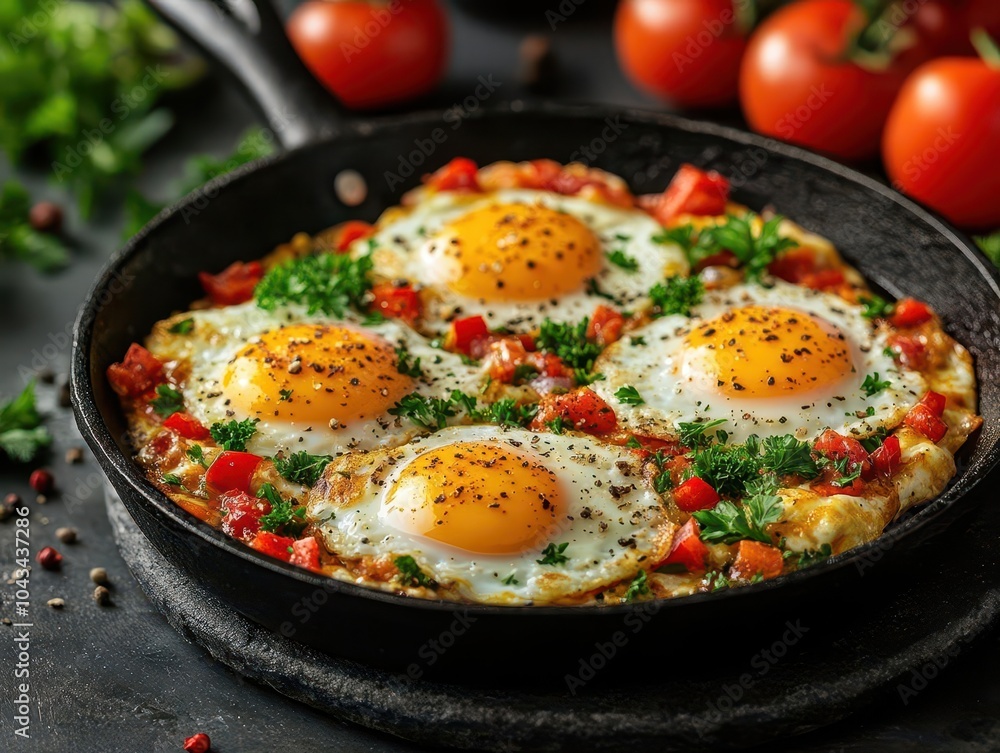 vibrant skillet filled with shakshuka, featuring fried egg, red peppers, and parsley, beautifully presented, capturing the essence of a delicious and colorful meal vibrant skillet filled with shakshuka, featuring fried egg, red peppers, and parsley, beautifully presented, capturing the essence of a delicious and colorful meal
