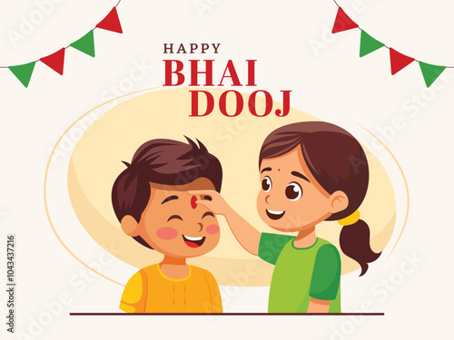 Indian Sister Applying Tilak on Her Brother's Forehead During Happy Bhai Dooj Festival, Used for Greeting Card.