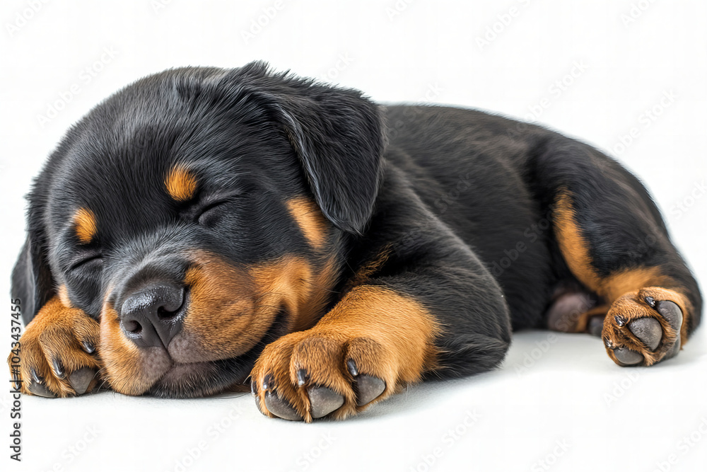 Obraz premium Adorable Rottweiler Puppy Sleeping Peacefully with Close-Up of its Paws, Featuring Ample Copy Space for Text or Branding, Ideal for Capturing Calm and Cute Dog Moments