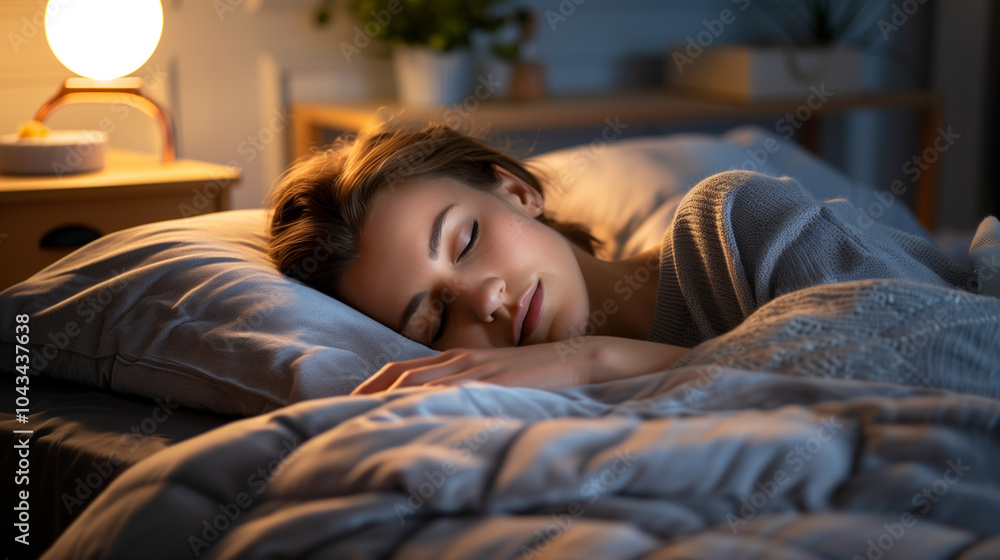 Sleeping peacefully in a cozy bedroom under soft lighting, a person lies on a gray bed sheet in deep sleep, high-quality sleep, energy replenishment Sleeping peacefully in a cozy bedroom under soft lighting, a person lies on a gray bed sheet in deep sleep, high-quality sleep, energy replenishment