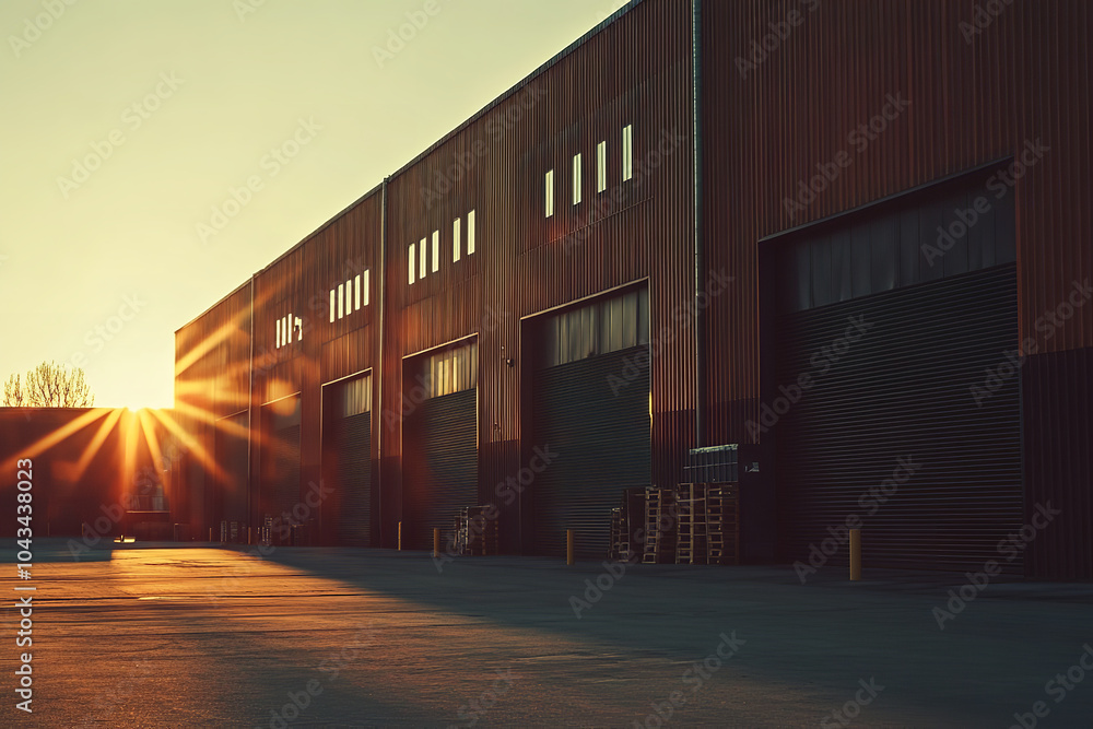 Sunset View of a Quiet Urban Warehouse Exterior Sunset View of a Quiet Urban Warehouse Exterior
