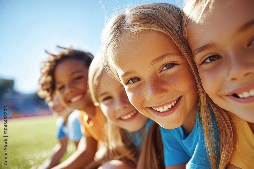 Fototapeta premium Children smiling together during a sunny day at a sports field while enjoying their time