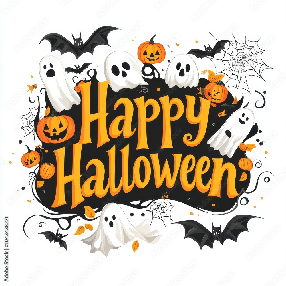 Happy Halloween Greeting with Bats, Ghosts, and Pumpkins Happy Halloween Greeting with Bats, Ghosts, and Pumpkins