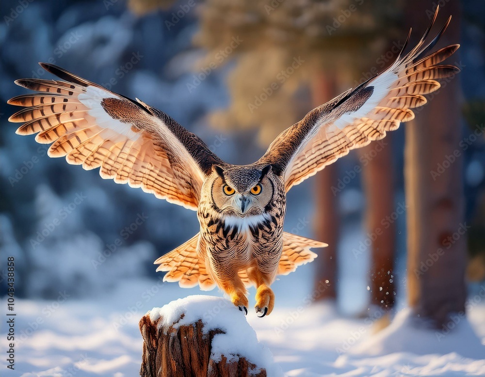 Obraz premium Eagle owl landing on snowy tree stump in forest. Flying Eagle owl with open wings in habitat with trees. 