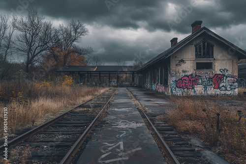 Abandoned Depot with Graffiti Walls under an Overcast Sky 