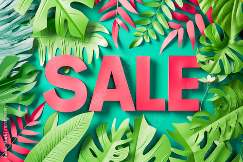 Bold red text Sale on green background with tropical leaves photo