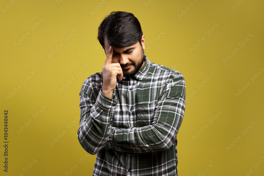 thoughtful man, with eyes closed and finger on forehead thoughtful man, with eyes closed and finger on forehead