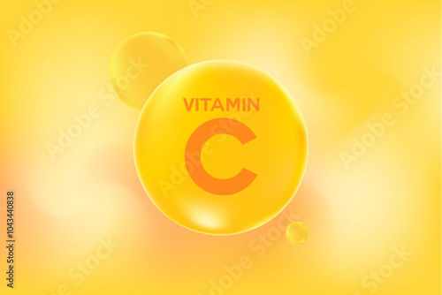 Vitamin C glowing 3D molecule element or bubble, watercolor gradient background. Rich fluid orange, lemon color flowing bubbles, supplement skin products banner, presentation, infographic design