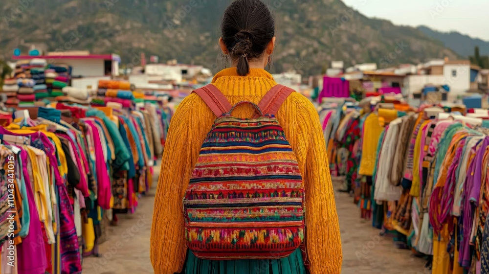 Fototapeta premium Woman with Colorful Backpack in Market with Clothes