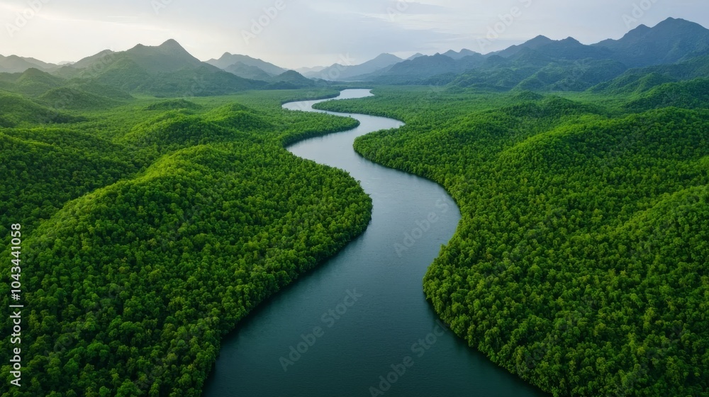 Fototapeta premium Aerial View of Winding River Through Lush Green Forest and Mountains