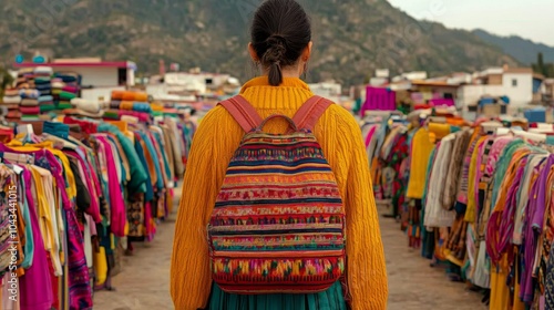 Woman with Colorful Backpack in Market with Clothes