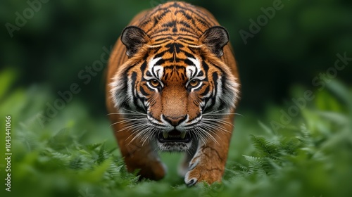 Close up Portrait of a Tiger Walking Through Lush Green Foliage photo