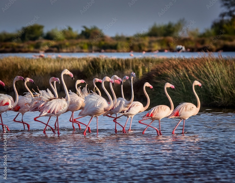 Naklejka premium flamboyance flamingos standing in water