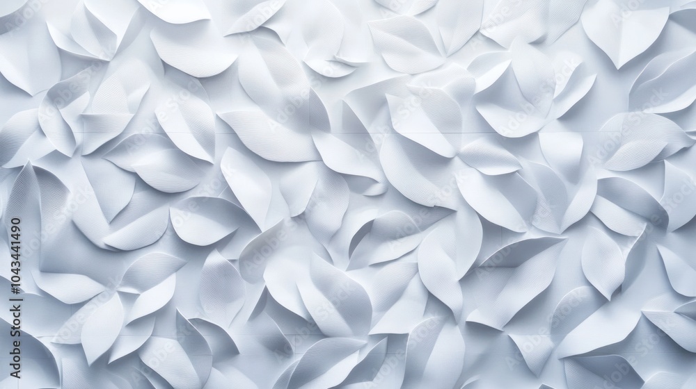 panoramic shot showcasing a wall covered in white geometric leaves designed as 3D tiles. panoramic shot showcasing a wall covered in white geometric leaves designed as 3D tiles.