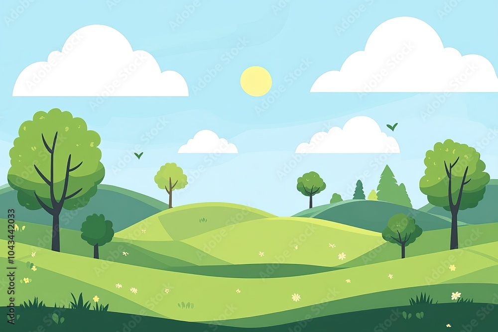 Fototapeta premium Cartoon Style Flat Nature Background with Rolling Hills, Bright Blue Sky, and Simple Rounded Trees