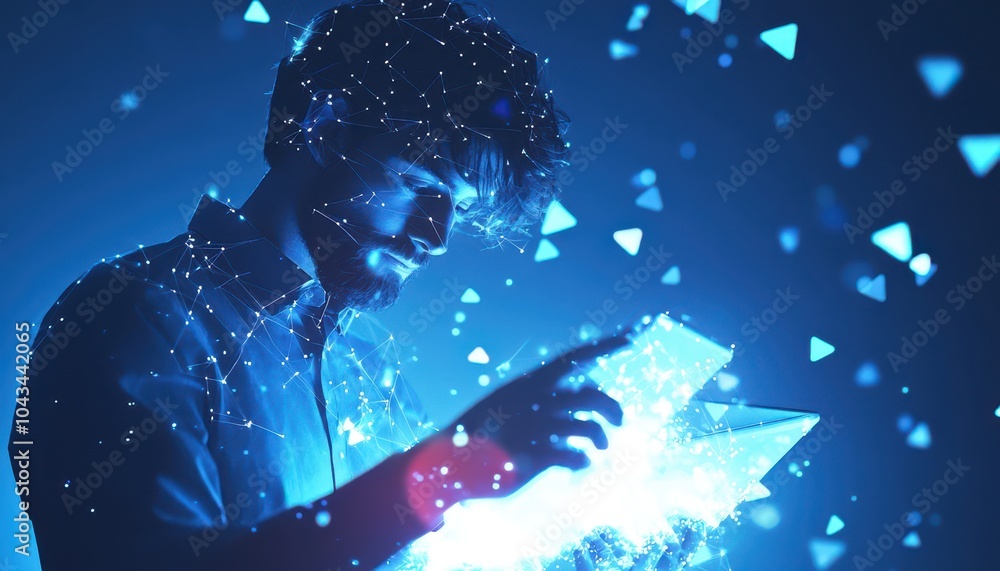 A Man's Silhouette Interacting with a Glowing Digital Interface A Man's Silhouette Interacting with a Glowing Digital Interface