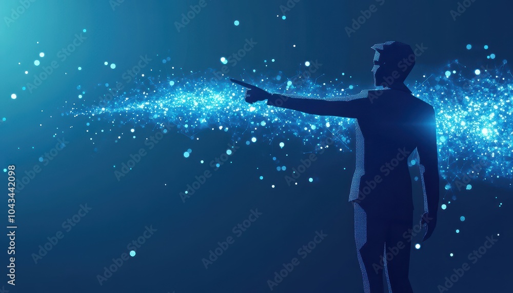 Silhouette of a man pointing towards a glowing blue digital network Silhouette of a man pointing towards a glowing blue digital network