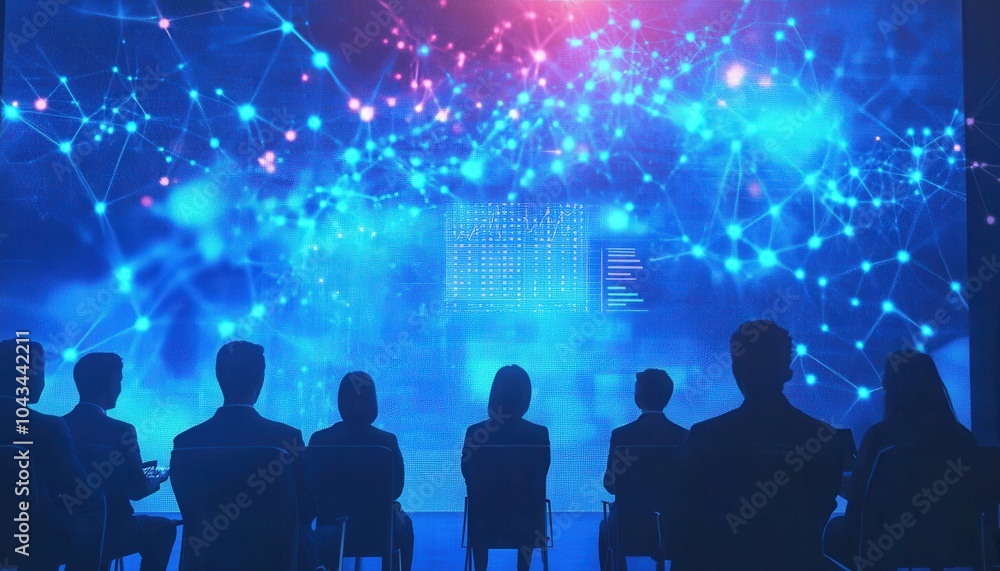 Silhouettes of People Looking at a Blue Screen with Data Visualization Silhouettes of People Looking at a Blue Screen with Data Visualization