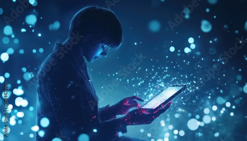 A Silhouette of a Person Using a Tablet with Glittering Particles